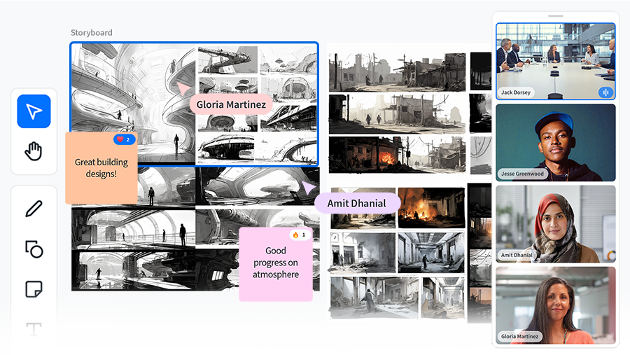 Bluescape workspace shows storyboards and video conference integration